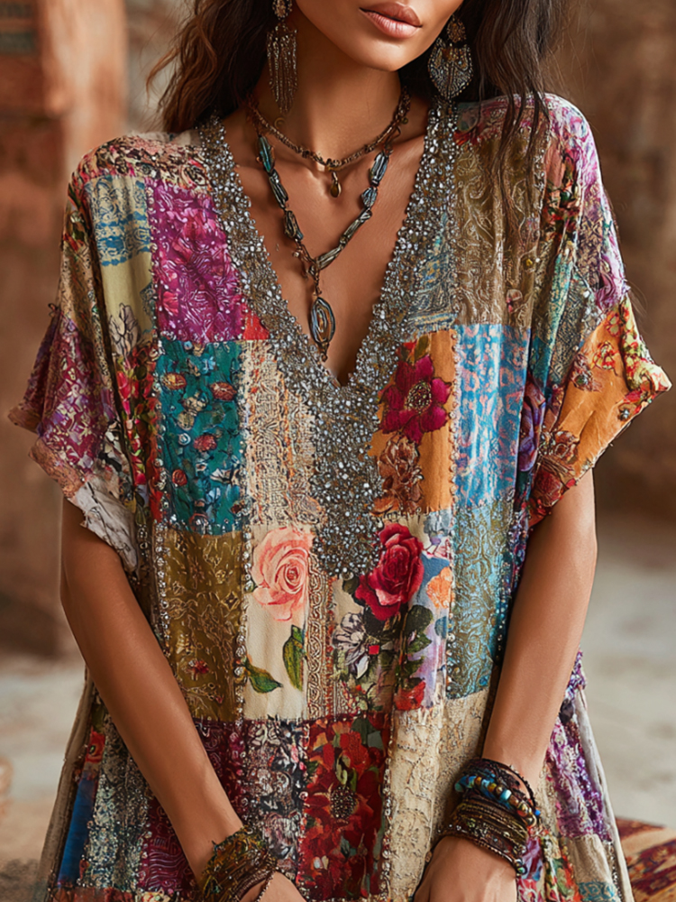 Comstylish Bohemian Style Patchwork Multi-colored Flower Embroidery Diamond Vintage V-neck Short-sleeved Long Dress