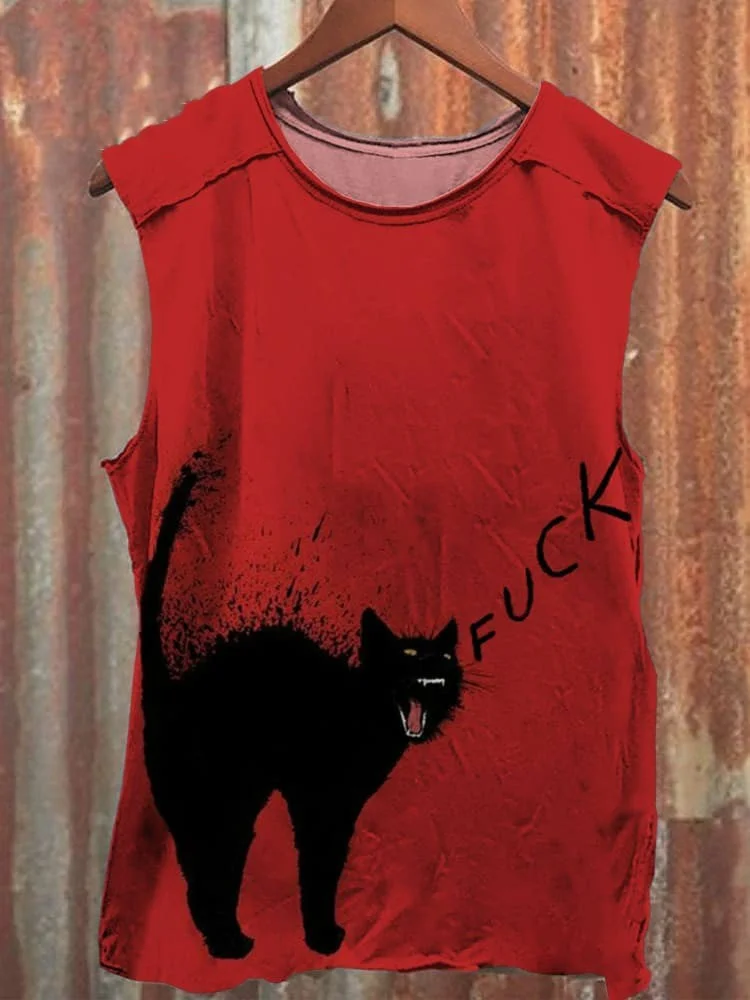 Unisex Vintage Red Black Cat Print Casual Tank Top 