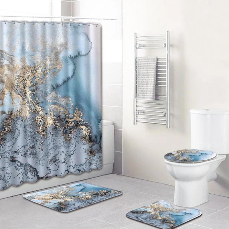 4Pcs Marble Texture Shower Curtain Non-slip Blue Bath Mat Toilet Pad Set Polyester Fabric Curtain For Bathroom Flannel Bath Mat