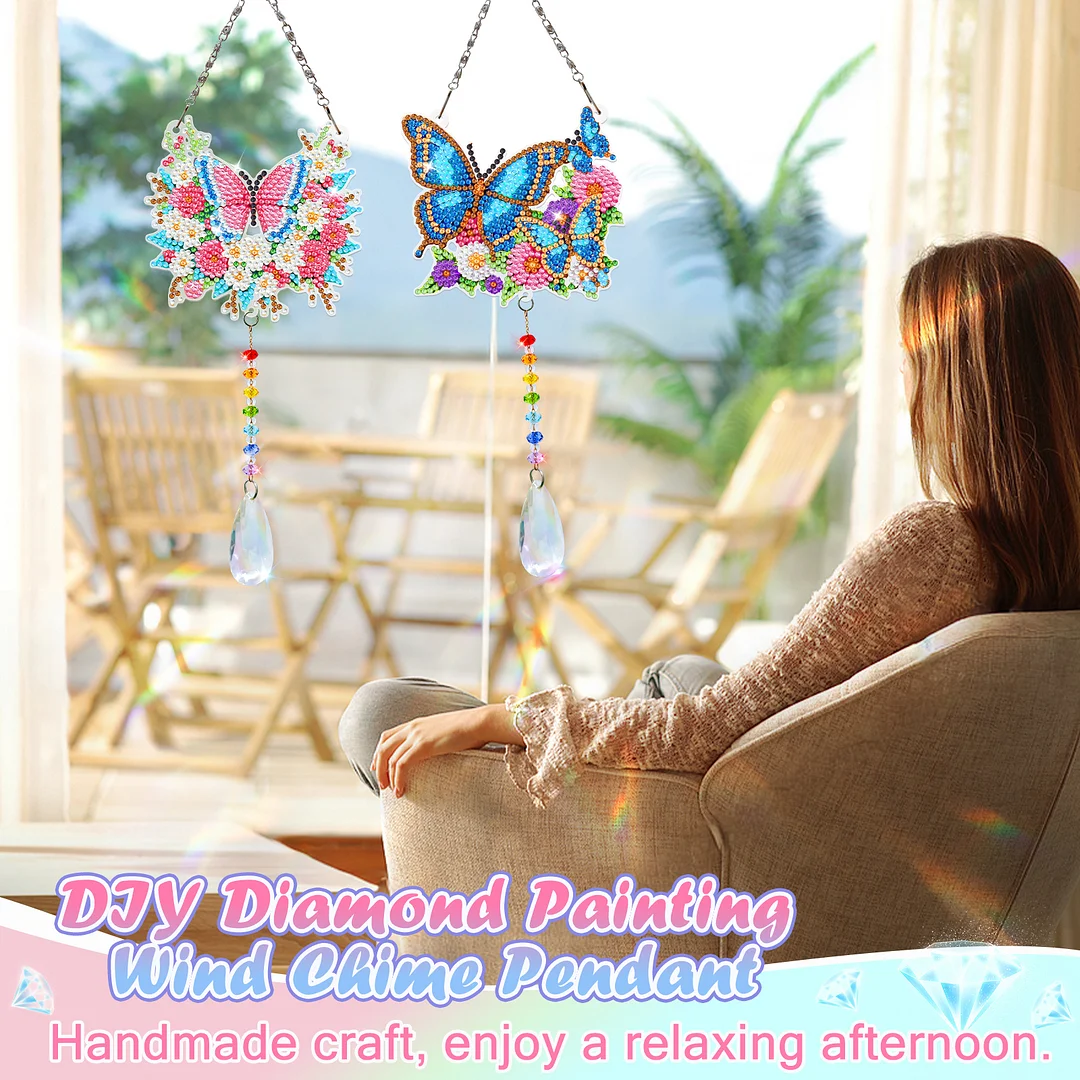 2Pcs Flowers and Butterflies DIY Acrylic Diamond Painting Art Wind Chimes with Crystal Pendant Diamond Art Hanging Pendant Double-Sided for Adults Beginners Gift Home Garden Decor