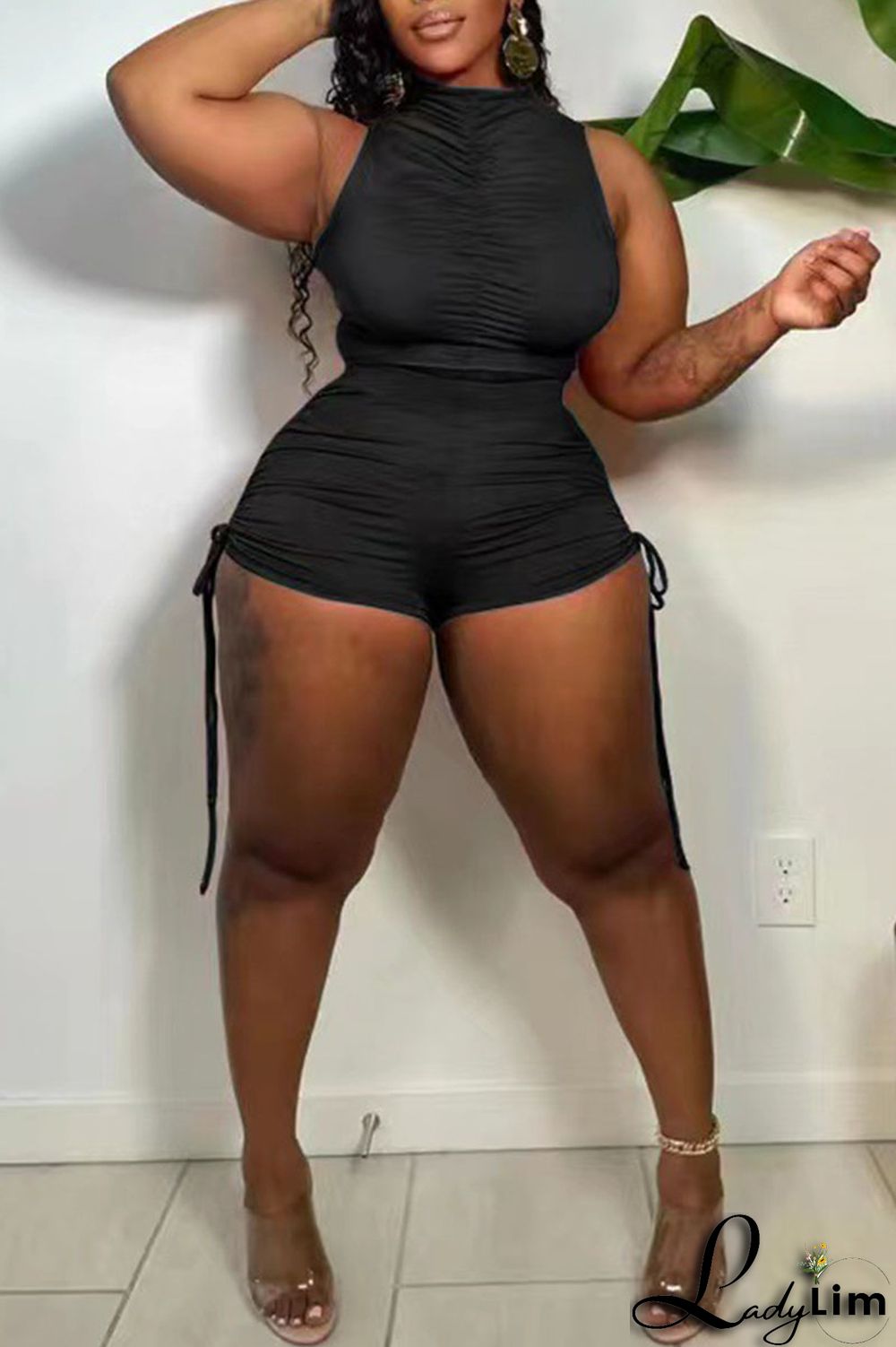 White Sexy Solid Bandage Split Joint Fold O Neck Sleeveless Two Pieces