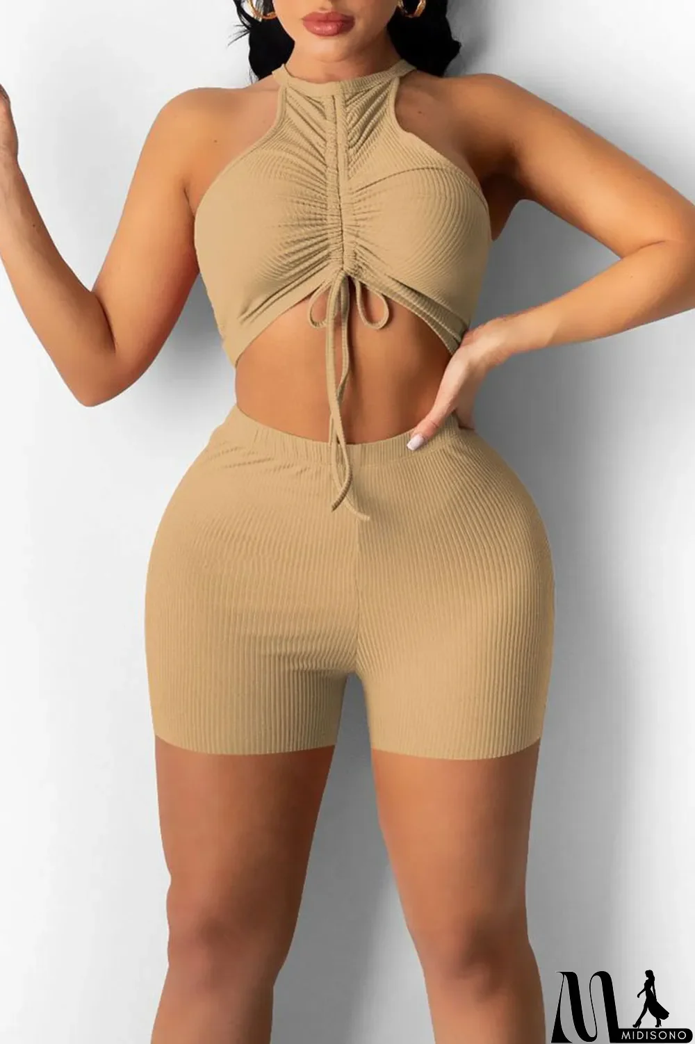 MidiSono - Red Sexy Sportswear Solid Patchwork Draw String Fold O Neck Sleeveless Two Pieces