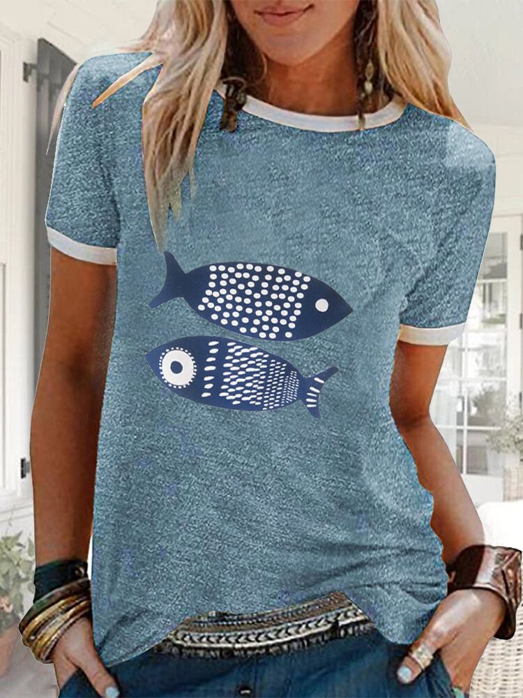Cartoon Fish Print Short Sleeve Casual T shirt P1665073