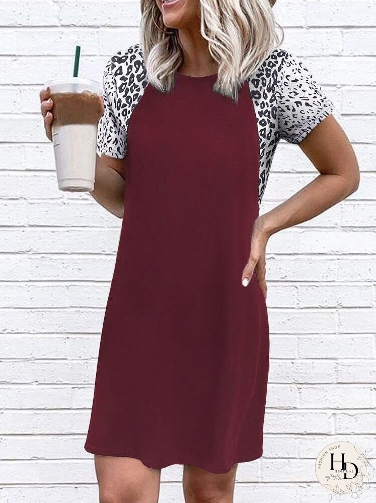 Casual Leopard Print Patchwork T-shirt Dress for Women