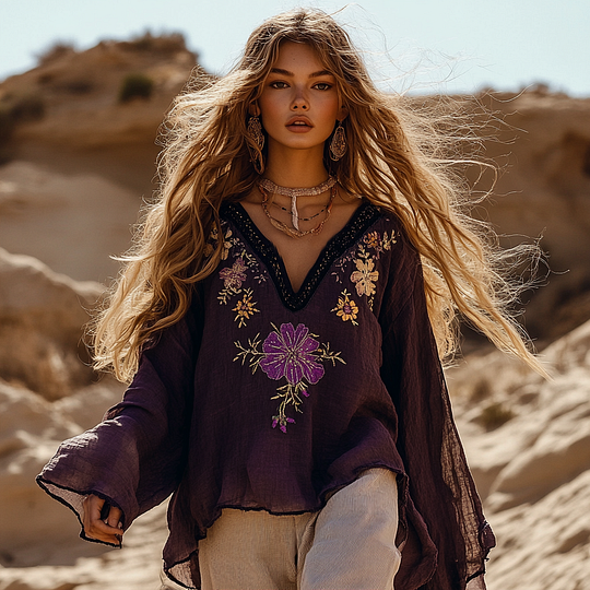 Casual Ethnic Style Embroidered Linen Round Neck Long Sleeve Shirt