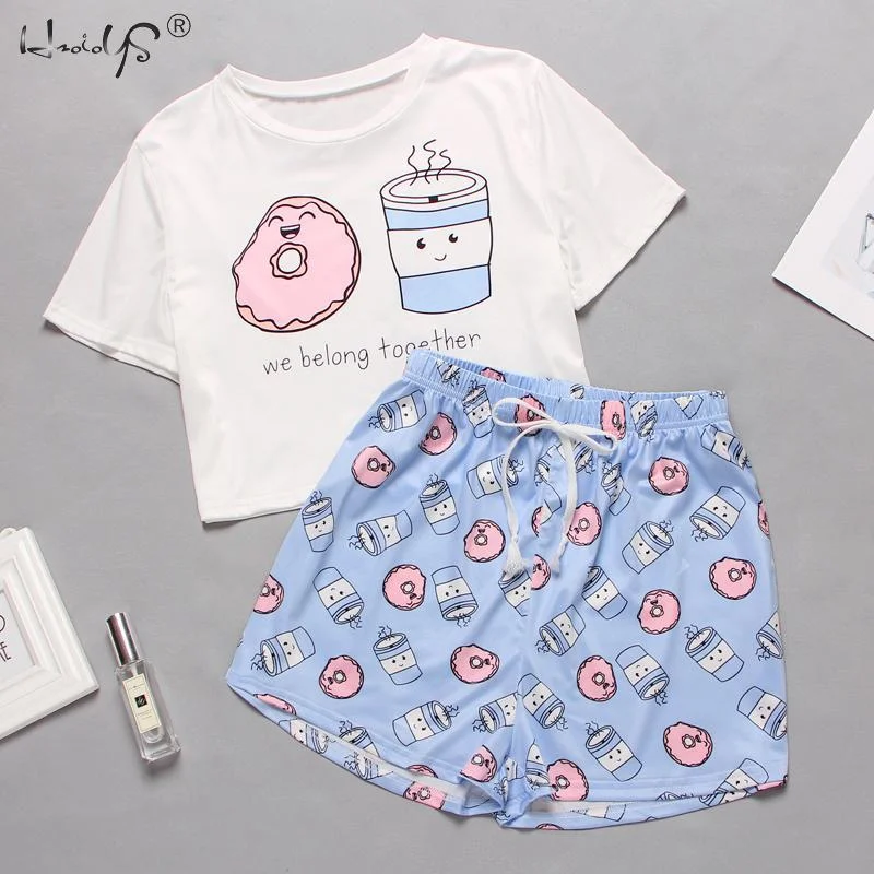 Women's Sleepwear Cute Cartoon Print Short Set Pajamas for Women  Pajama Set Sweet Short Sleeve T Shirts & Shorts Summer Pijama
