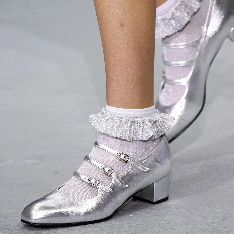Women's Silver Block Heel Pumps Mary Jane Shoes |FSJ Shoes