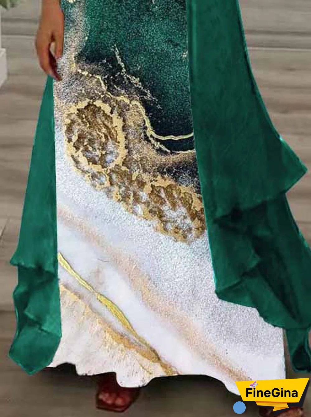 Women's Long Sleeve V-neck Graphic Printed Two Pieces Maxi Dress