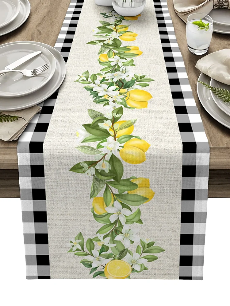 Summer Plaid Lemon Linen Table Runner Holiday Party Decoration Washable Dining Table Runner for Wedding Decoration