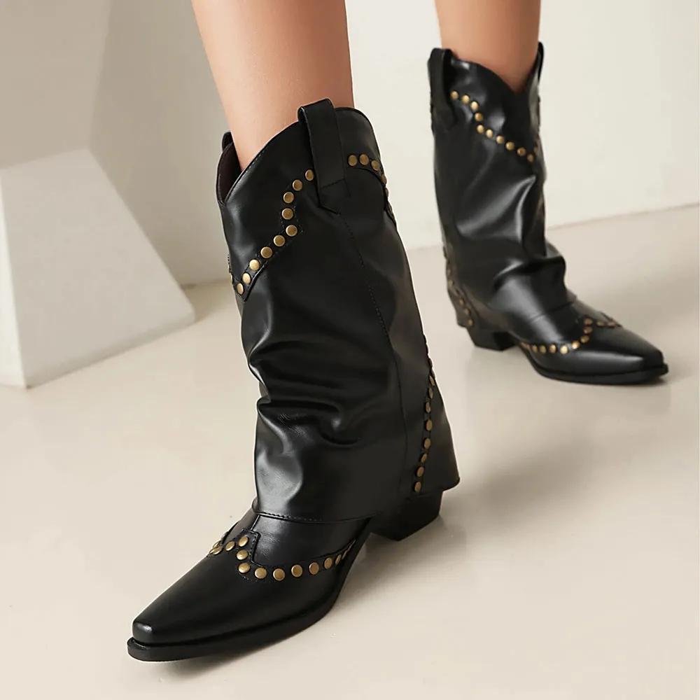 Black Snip Toe Chunky Heel Studded Fold Over Western Boots for Women