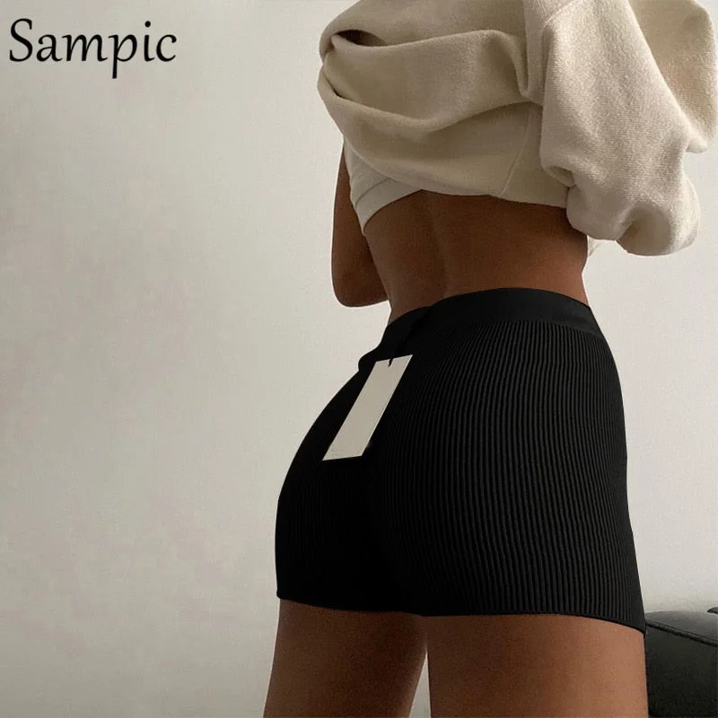 Sampic Casual Fashion White Black High Waist Women Knitted Biker Bodycon Shorts Summer Cotton Sweat Mini Sexy Shorts Femme