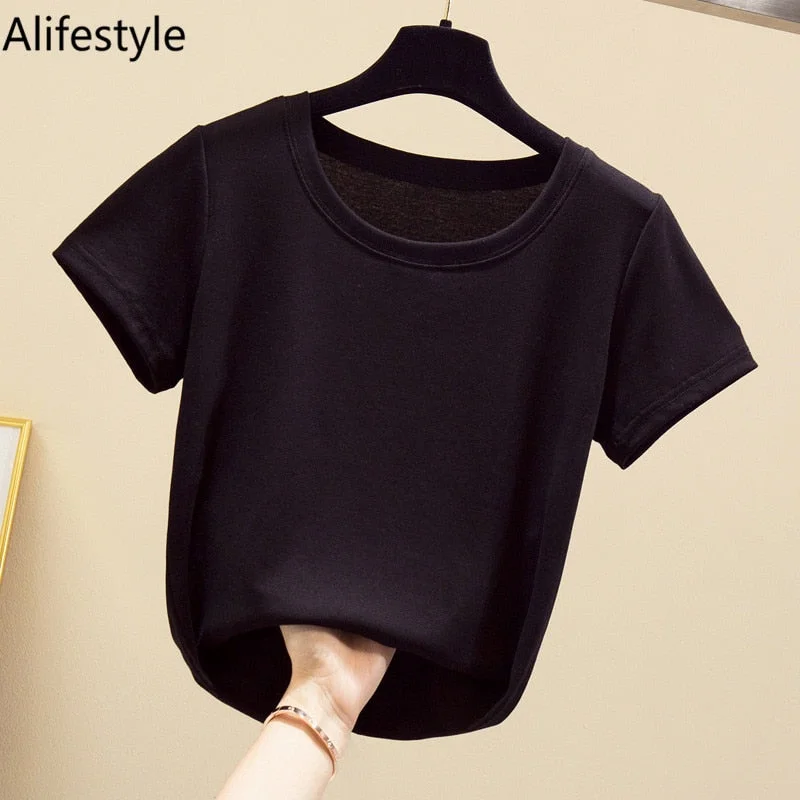 2020 Popular Light Thin High Elastic Fashion Casual Round Collar Short Sleeve T-Shirt Brand High Quality Pure Cotton Women'S Top