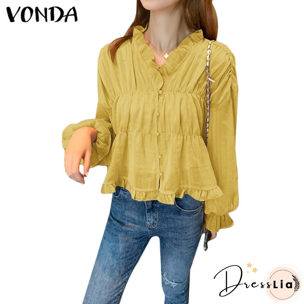 Women Elegant V Neck Flare Sleeve Button Up Shirts Blouse S-5XL Solid Color Pleated Ruffled Hem Lace Tops