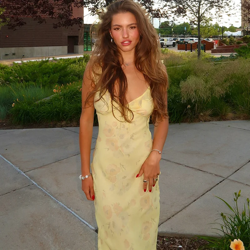 Uveng Uveng The New Summer Women's Sexy Low-Cut Hot Girls Holiday Style Retro Print Slim Halter Dress