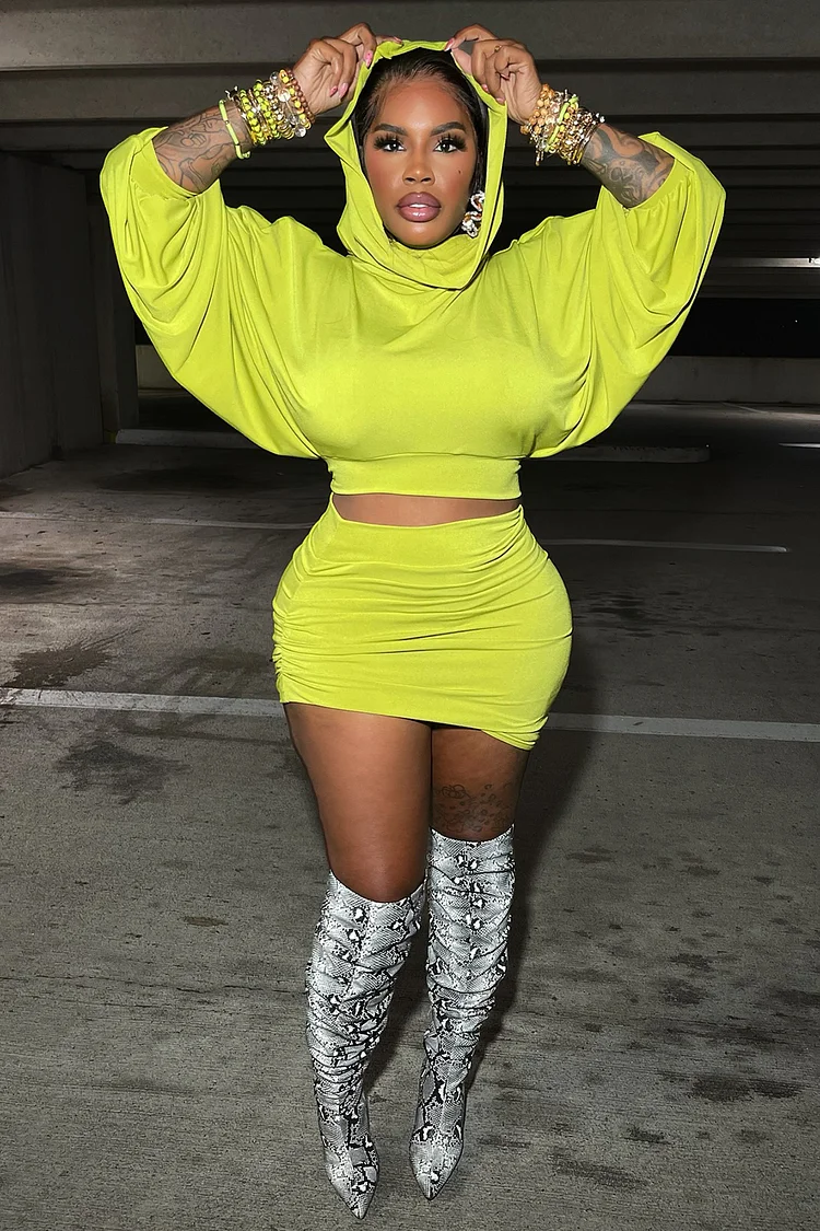 3/4 Sleeve Crop Hoodie Bodycon Mini Skirt Solid 2pcs Set-Green