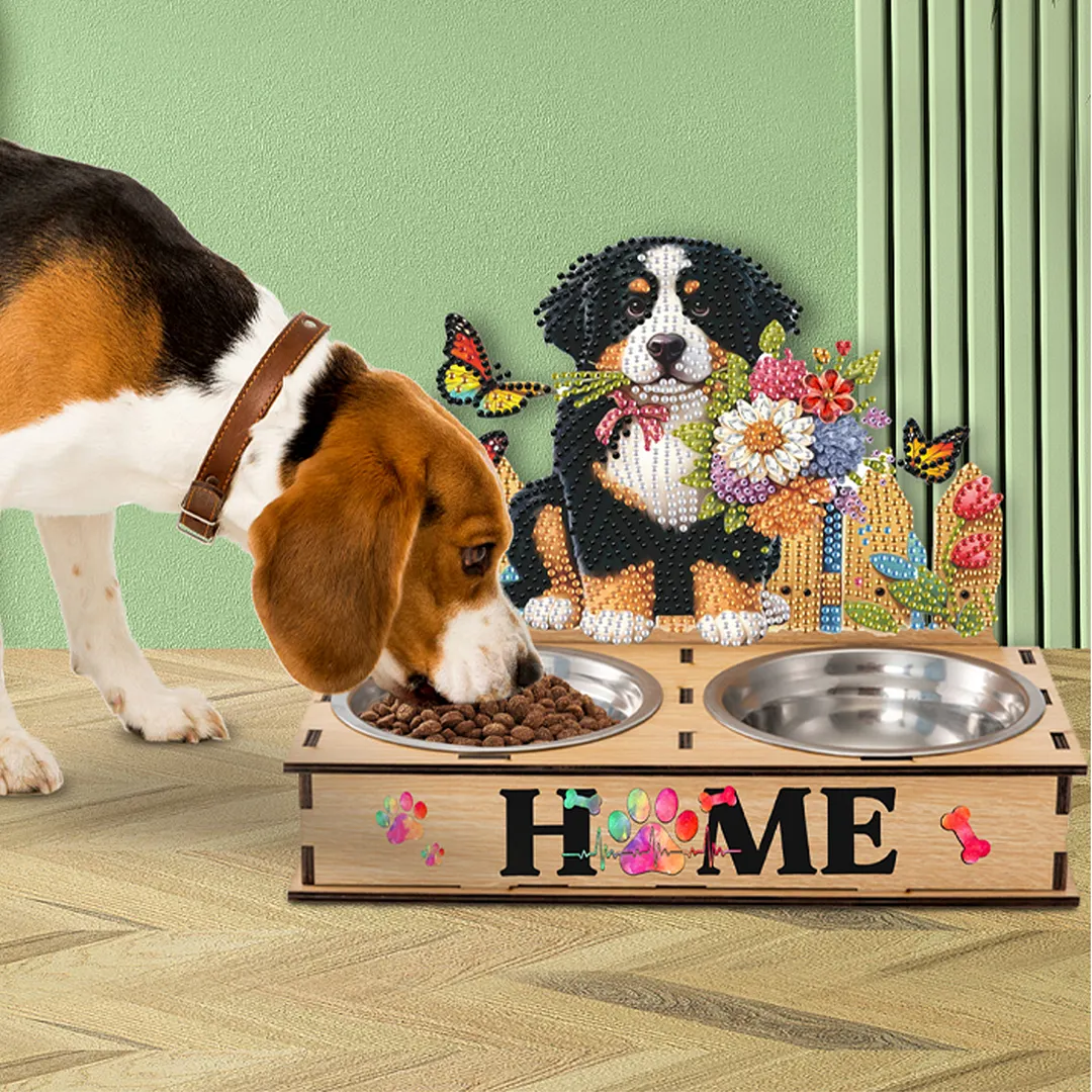 Diamond Painting Food Bowl with Wood Stand Diamond Art Dog Bowl for Small Dogs