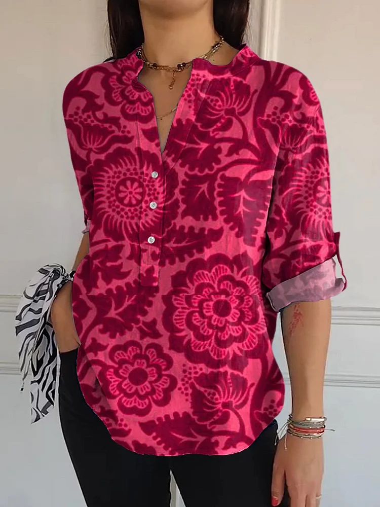 Vintage Pink Floral Pattern Printed Women's  Print Casual Long Sleeve Comfortable Cotton Shirt