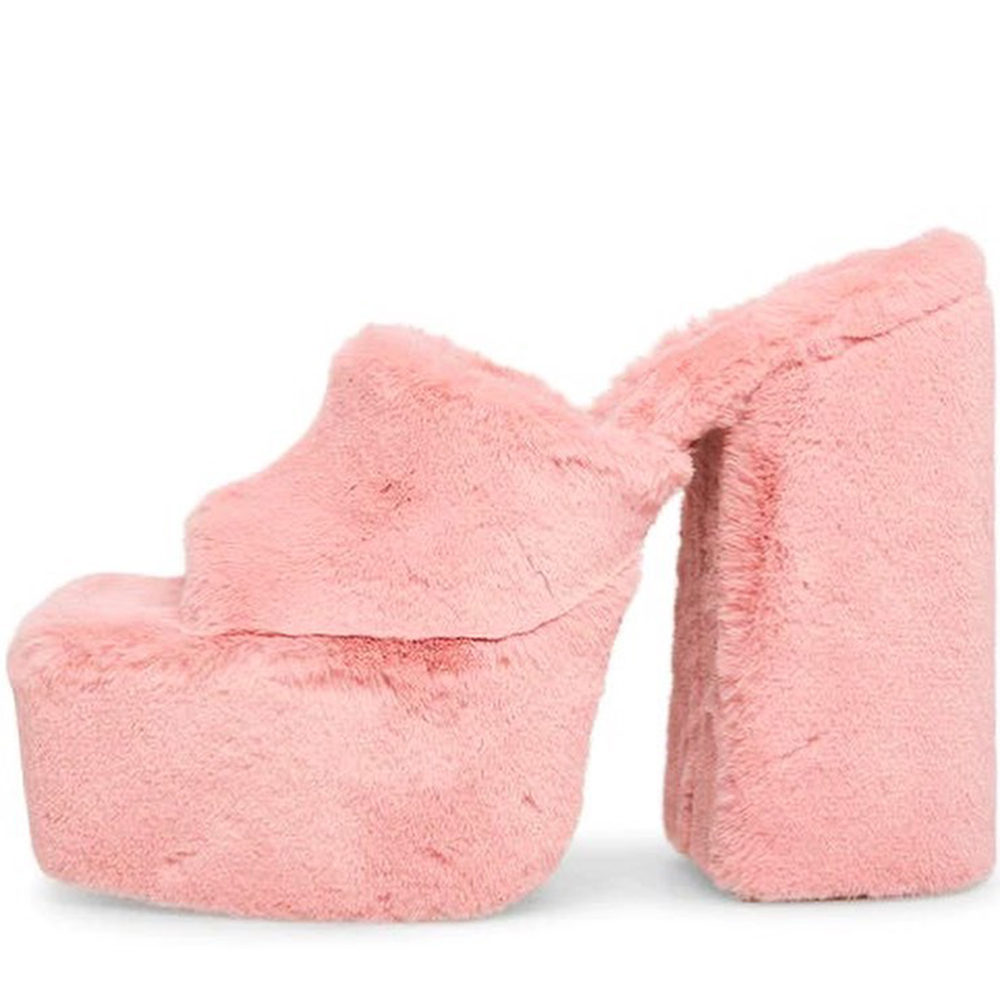 Square Toe Furry Mules With Platform Chunky Heels Nicepairs