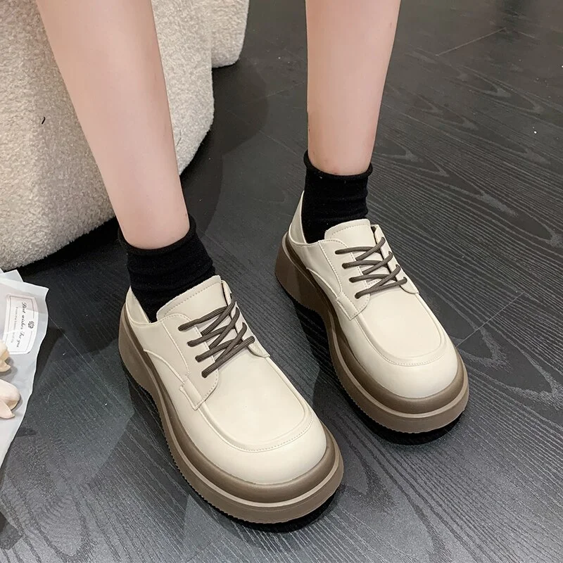 Qengg Women's Single Shoes Platform Small Leather Shoes Autumn Retro British Style Shoes Casual Thick Heels 2022 New Zapatillas Mujer