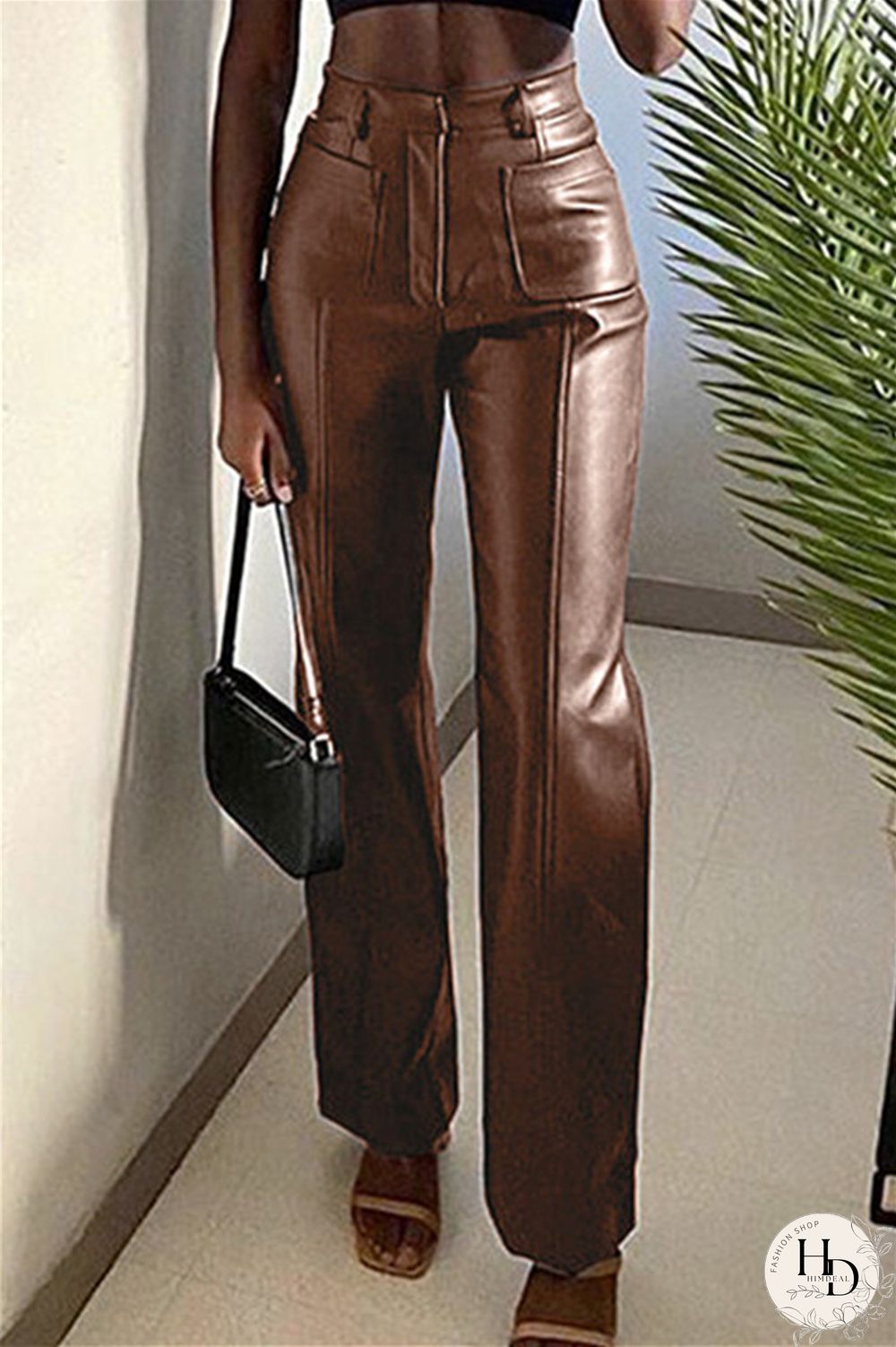 Brown Fashion Casual Solid Split Joint Regular High Waist Trousers