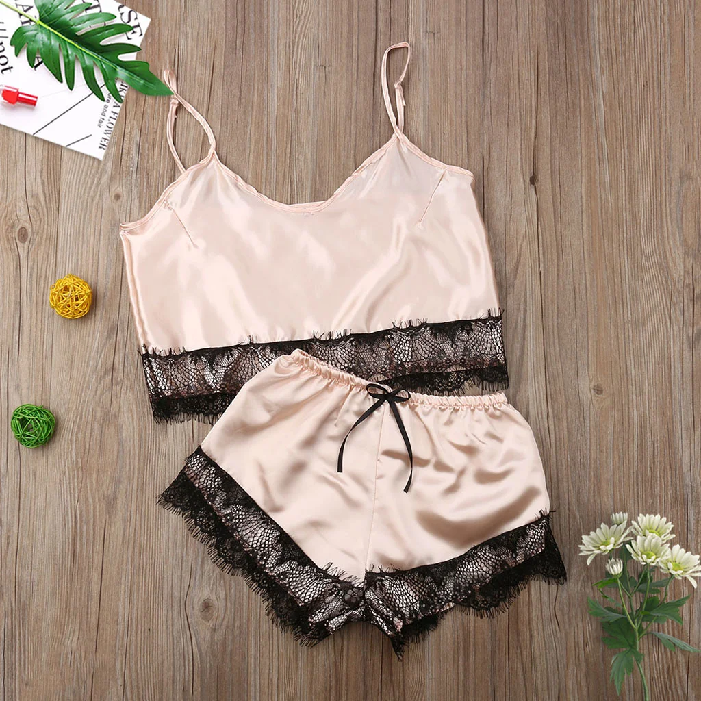 Churchf 2020 New Simulation Lace Trim Split Pajamas Set Sex Lace Set