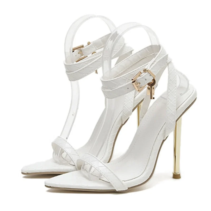 Summer 2022 Womens Fashion Pointed Toe Metal Thin High Heels Sexy Sandals Gladiator Ankle Buckle Strap Stiletto Shoes Black Blue