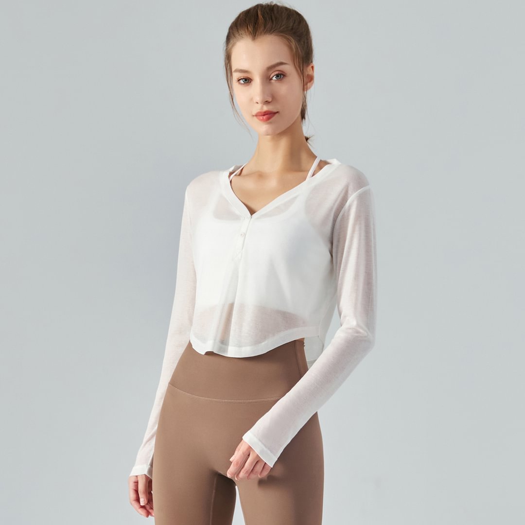 Different types of White v neck loose button lightweight thin see through running shirt online shopping on Hergymclothing