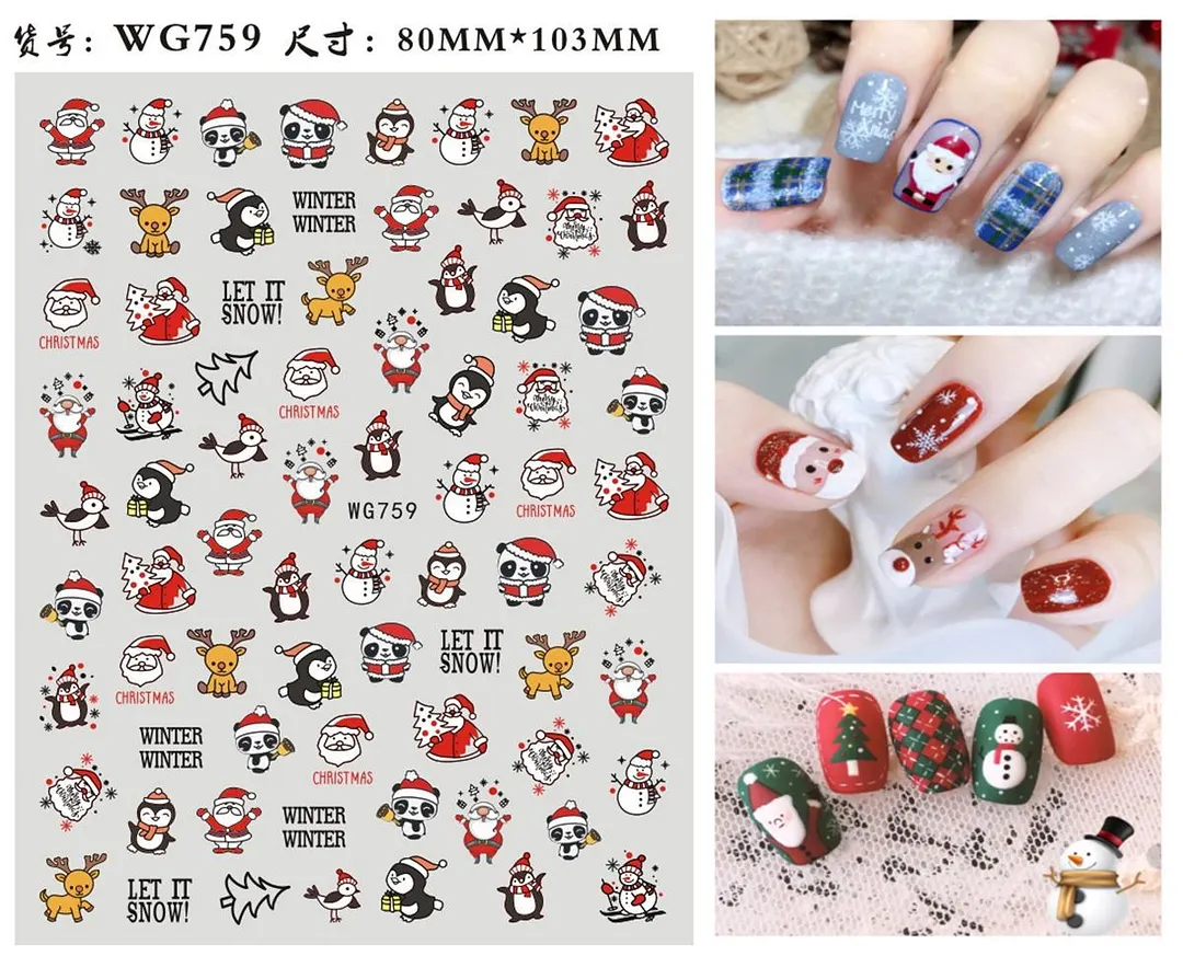 3D Christmas Nail Art Sticker For Kids Tattoo Manicure Accessories Snow Man Gift Tree Deers Santa Claus Slider Nail Decals Decor-Nail Inspo