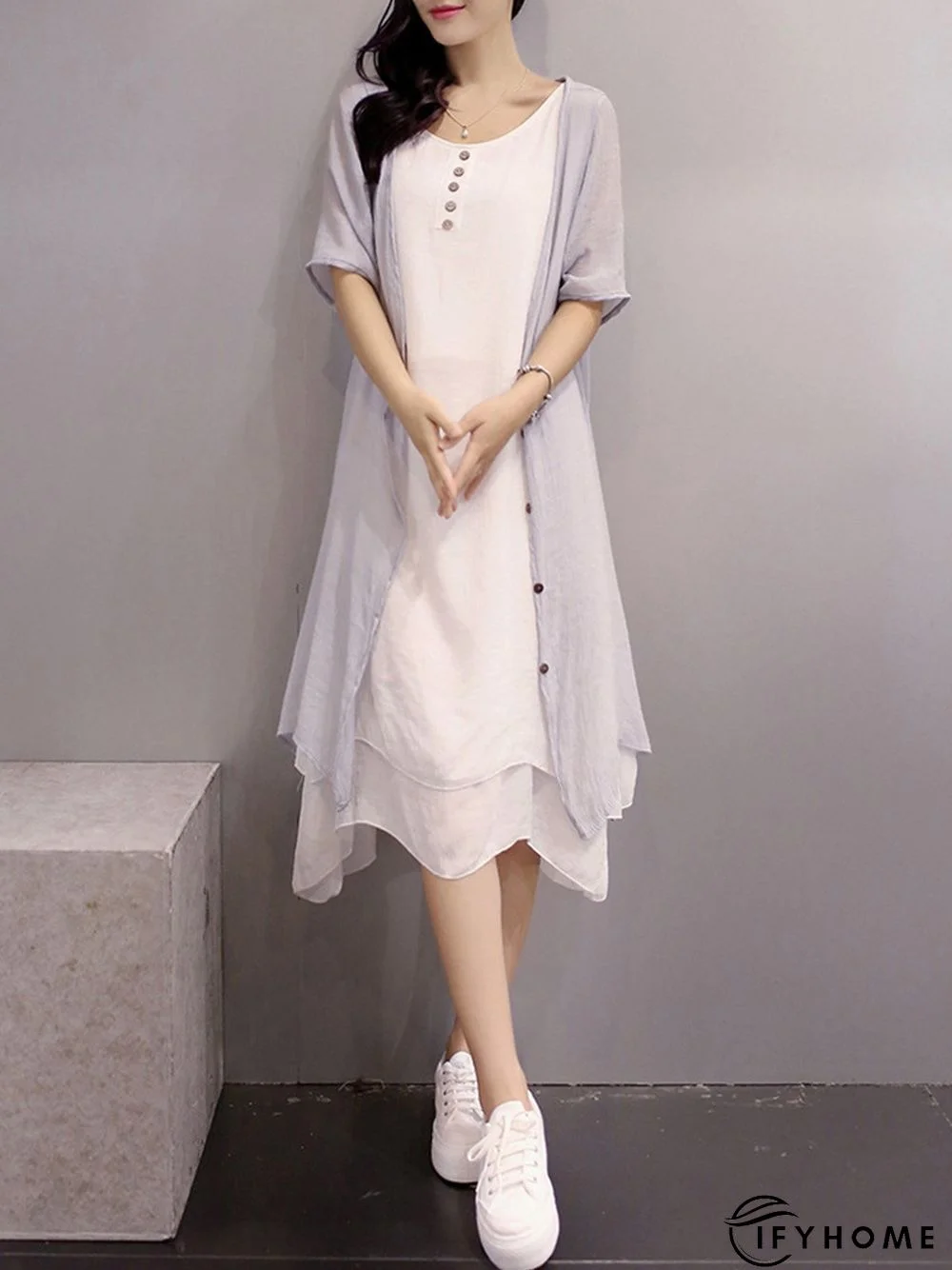 Casual Crew Neck Two Piece Buttoned Casual Dress | IFYHOME