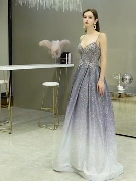 Women's Spaghetti Straps Sequin Prom Dresses A Line V Neck Bridesmaid Dresses with Pockets