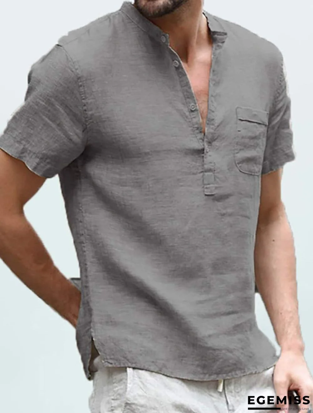 Men's T shirt Solid Colored Short Sleeve Daily Tops Cotton Basic Streetwear V Neck Gray Green White / Work Linen | EGEMISS