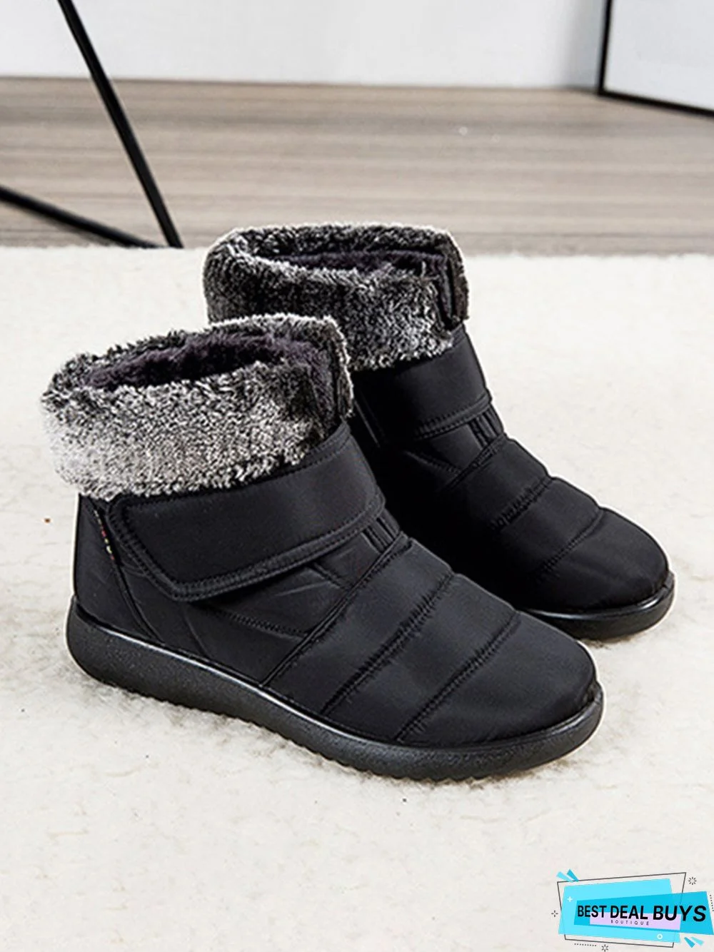 Faux Fur Cuff Snow Boots with Hook and Loop
