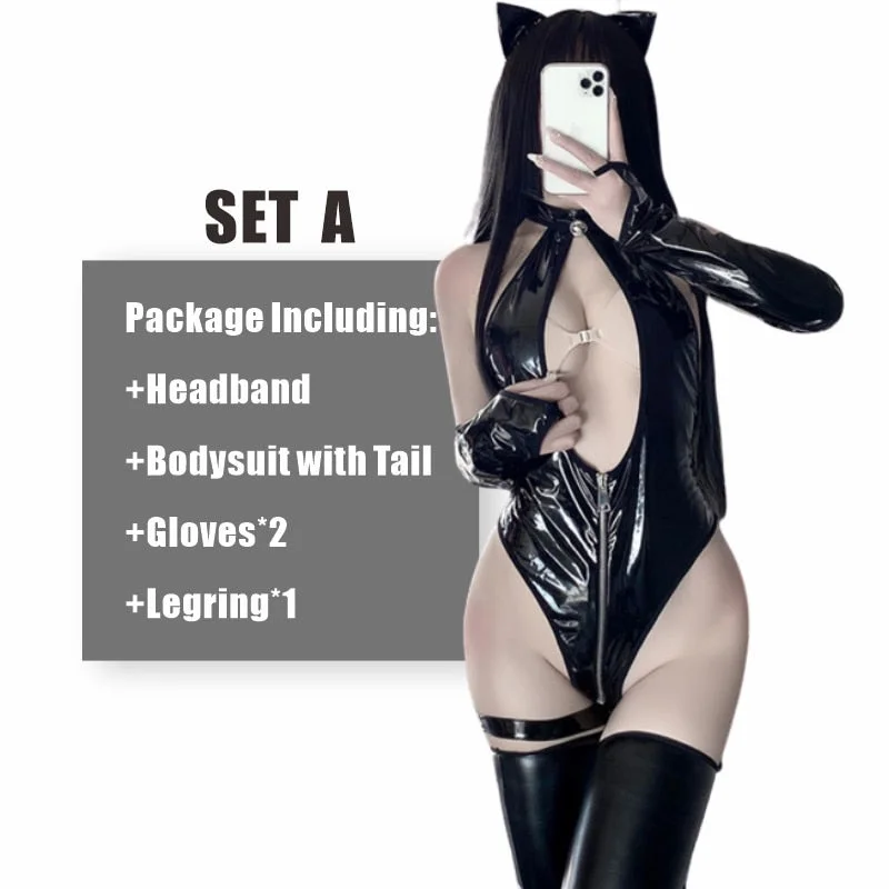 Women Shiny Metalli One Piece Leather Wetlook Zipper Crotch Leotard Bodysuit Sexy Lingerie High Cut Thong Teddy Bodysuit Catsuit
