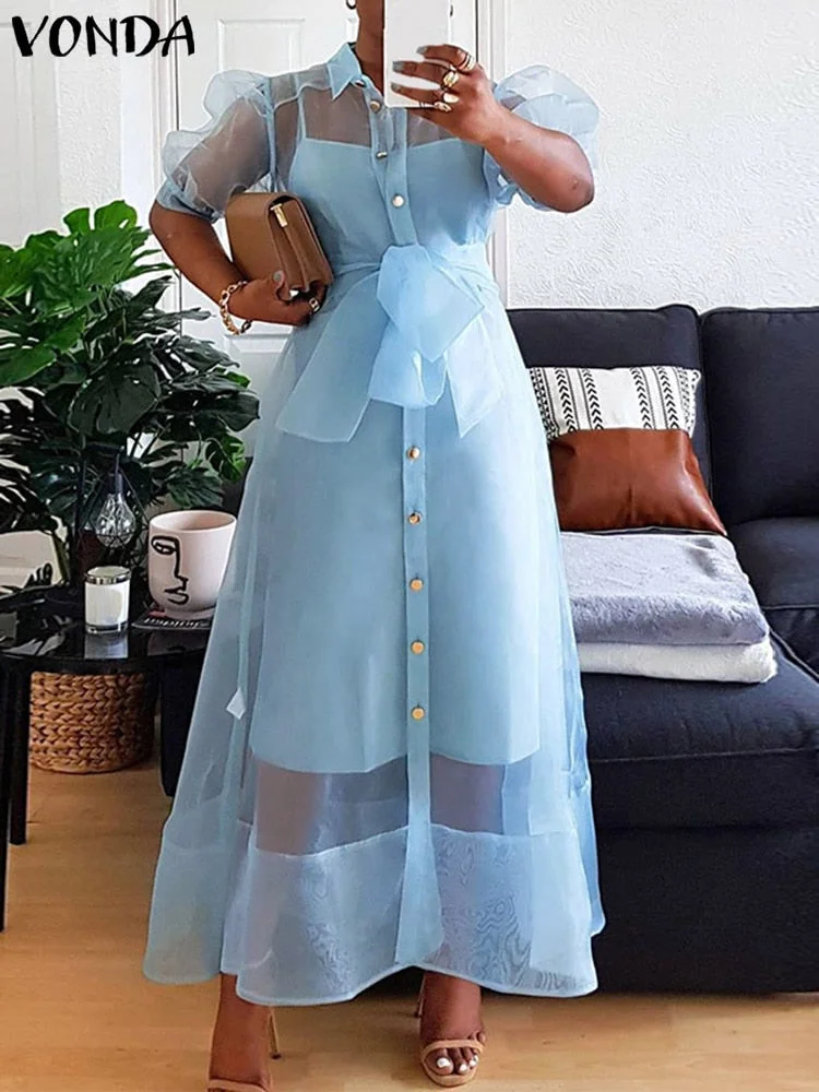 Elegant Robes Women Summer Pleated Puff Sleeve Loose Dresses VONDA Casual Lapel Collar Button Up Baggy Vestido Oversize Sundress