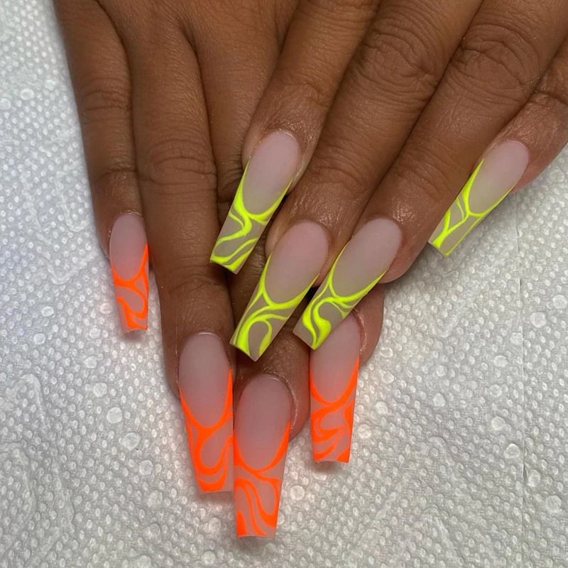 Agreedl Orange&Yellow Flame Lines Nail Tips Fire Fluorescent Long Coffin Fake False Ballerina Nail Tips With Glue Removable Tips