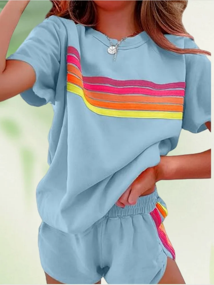 Elegant Color-Block Shorts Set In Blue, Pink, Or Light Brown - Stylish Striped Design, Casual Style, Perfect For Spring/Summer, Casual Wear | Striped Shorts | Polyester Fabric