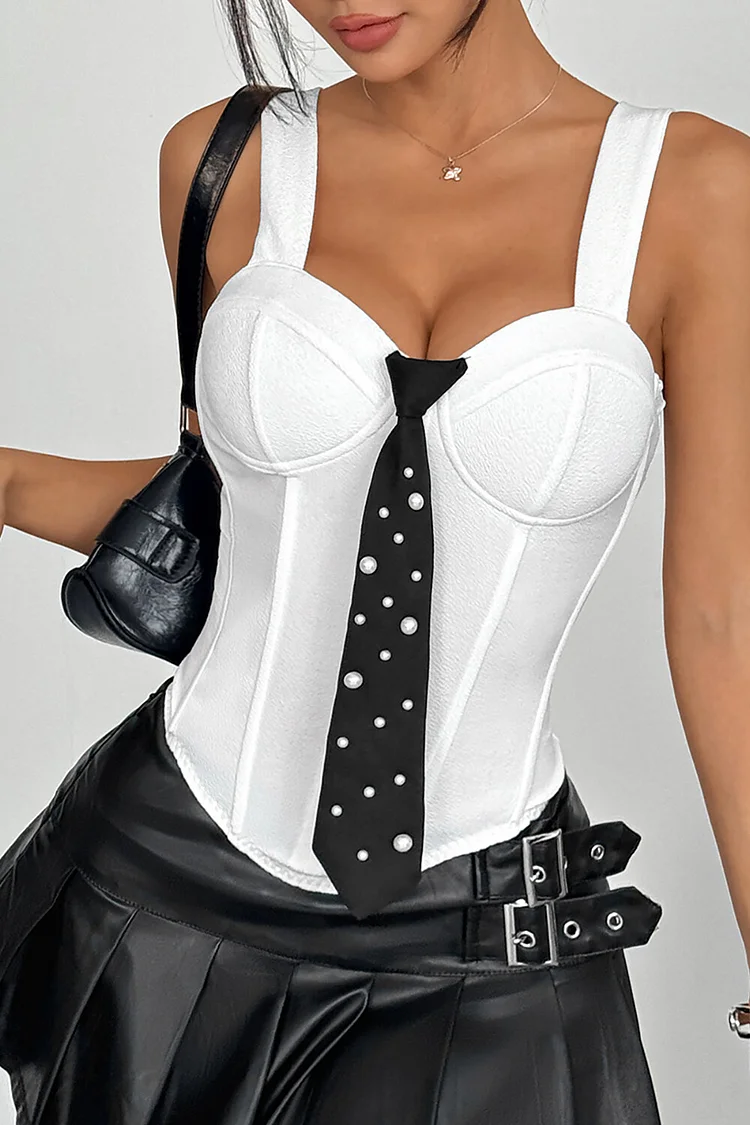 Simulated Pearls Necktie Decor Wide Straps Corset-White