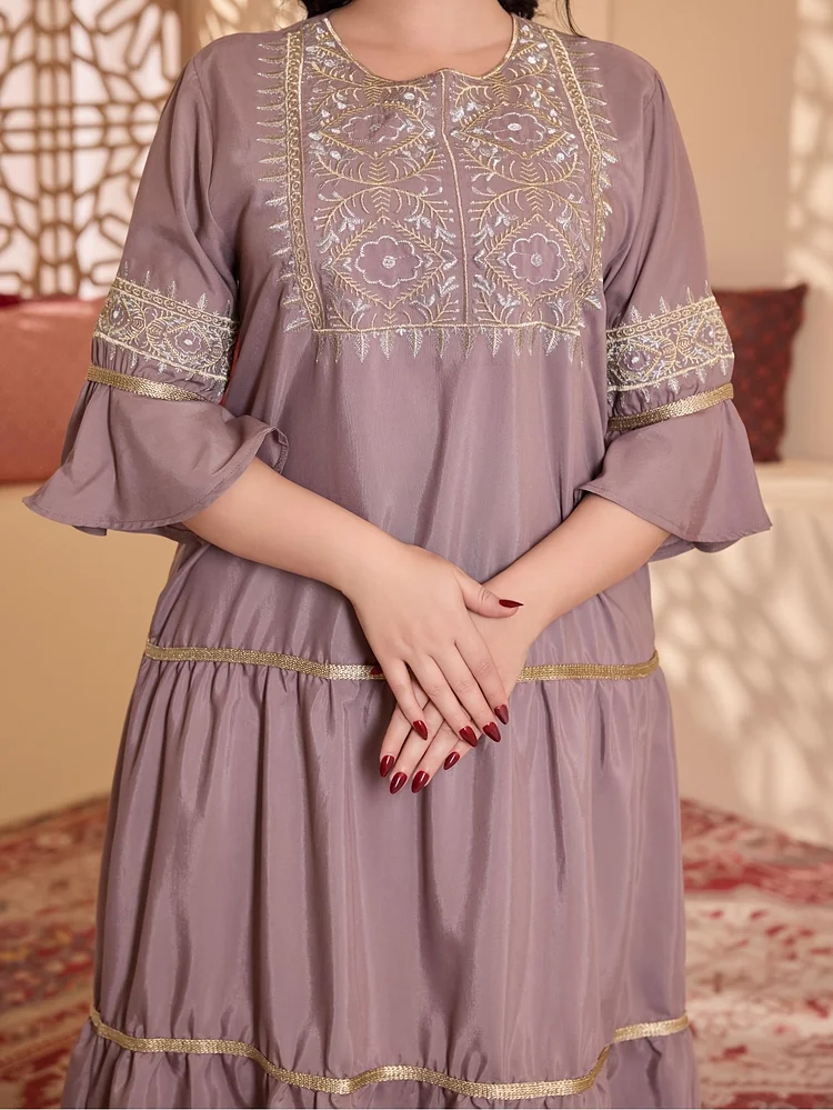 Eid Al Adha Elegant Ethnic Style Embroidered Dress | Three Quarter Length Ruffle Sleeve, Loose Fit, Non-Stretch Fabric, Casual Attire