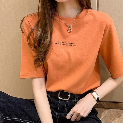 Brownm Brownm T-Shirt Women Summer 2024 New Korean Edition Loose Print Round Neck Top Half Sleeve Shirt Bottom Shirt Ins Tide