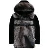 Sheepskin Mens Shearling Coat Winter Warm Real Fur Hooded Jacket Fashion Buckle Strap Splice Natural Genuine Leather Outerwear