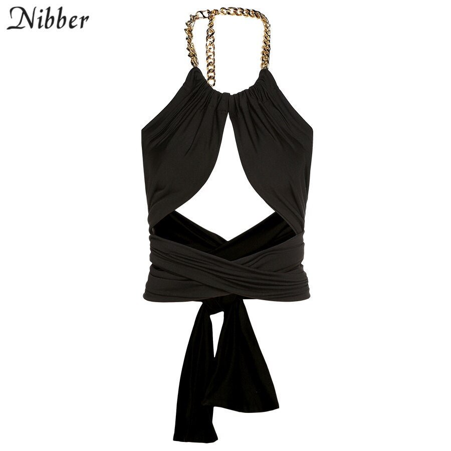 Nibber Halter Bandage Sexy Hollow Tank Tops Street Solid Camisole 2021 Summer Fashion Casual Backless Club Corset Top Crossover