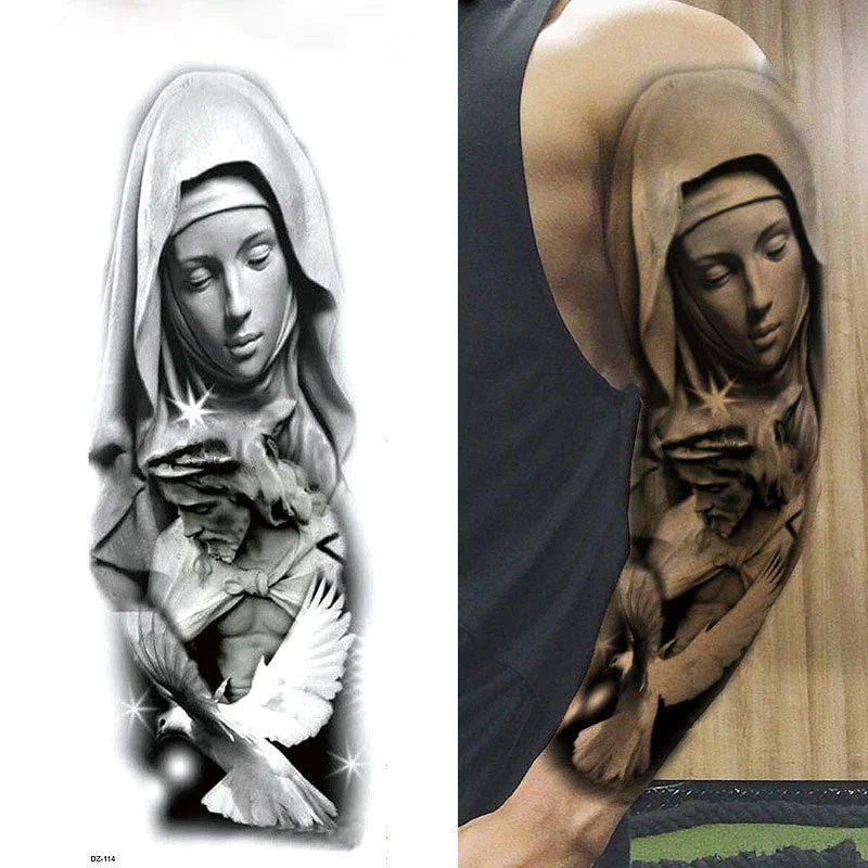Full Arm Temporary Tattoo,Virgin Mary Jesus Waterproof Temporary Tattoo Stickers for Men Women Adults Kids,Dark Mark Pigeon Pray