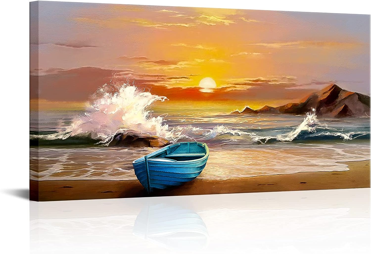 KLVOS Canvas Picture Wall Art for Living Room Blue Boat Painting Coastal Sunset Landscape Canvas Print Artwork Framed Stretched Bedroom Home Decor Ready to Hang 24x48 Inch Blue