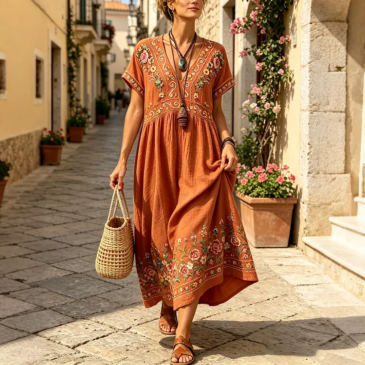 Women's Vintage Floral Art Embroidered Linen Blend V Neck Maxi Dress