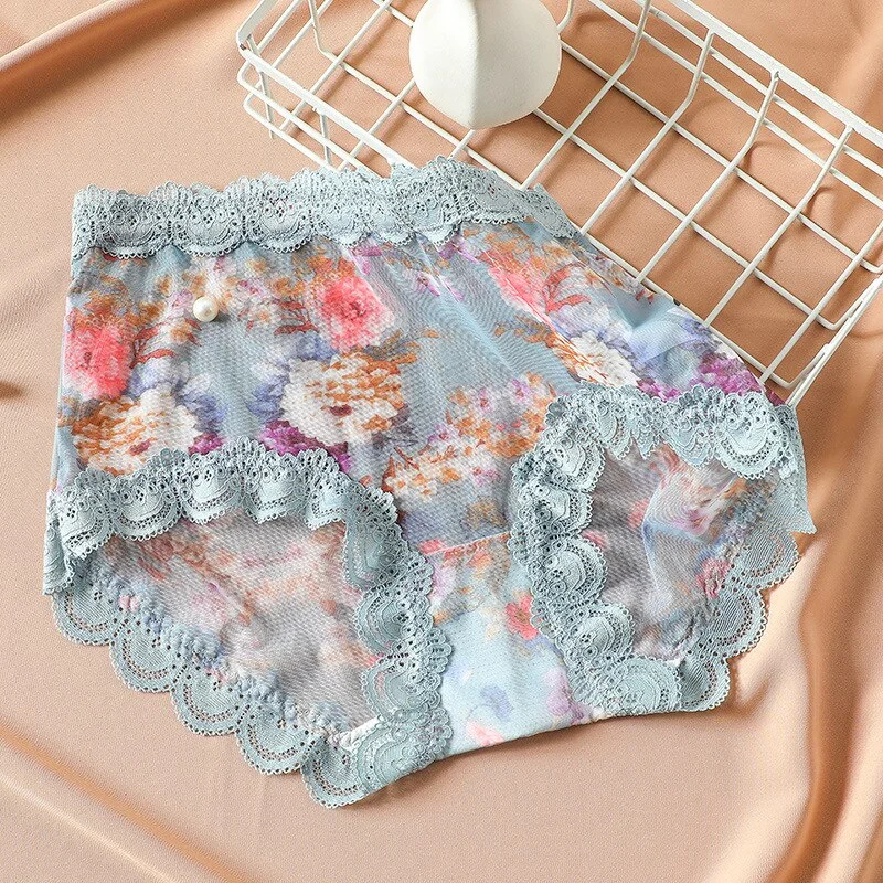 Billionm Printing Sexy Lace Ladies High-waist Briefs Comfortable Soft Breathable Mid-waist Fashion Panties New Large Size Rose Sexy