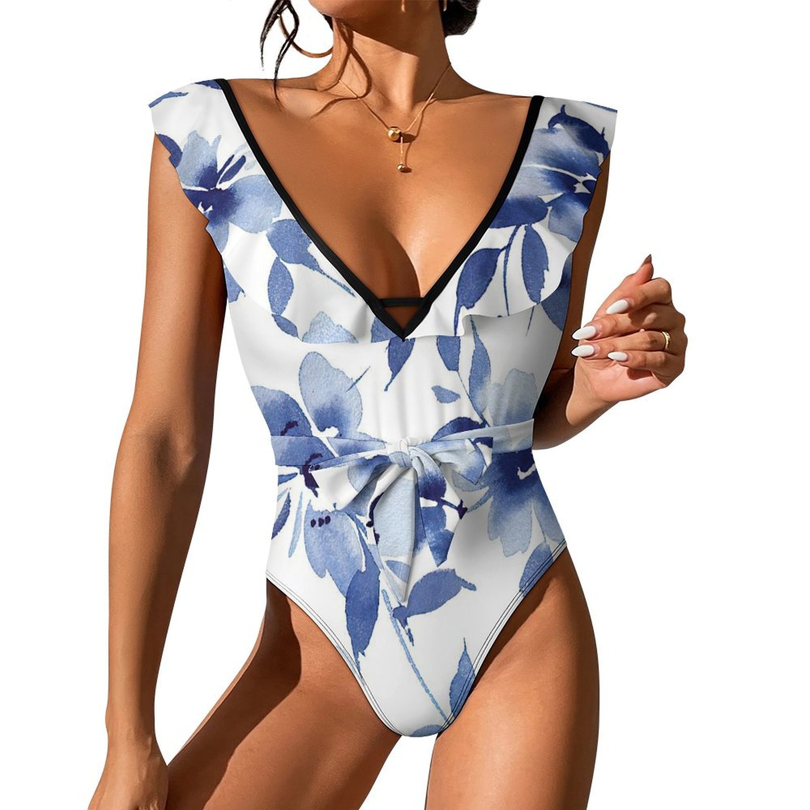 Women's Blue Watercolor Flowers One Piece Swimsuits Sexy V Neck Bathing Suit