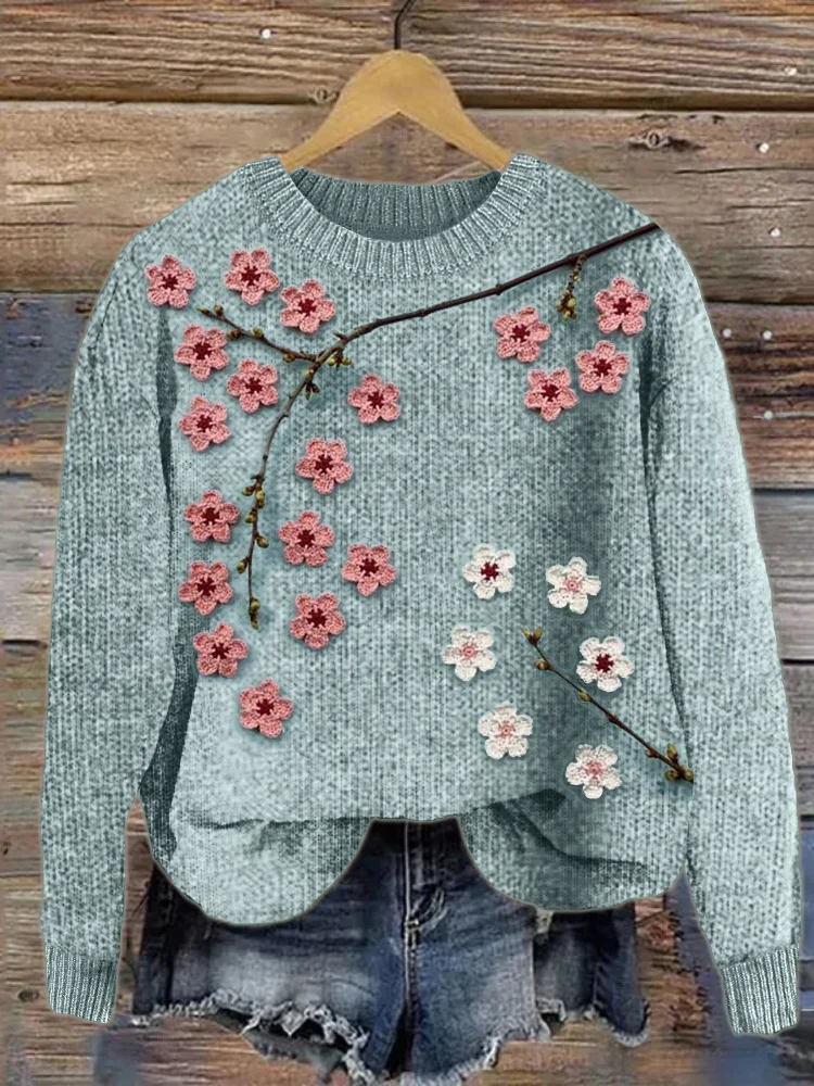 Cherry Blossom Crochet Art Cozy Knit Sweater