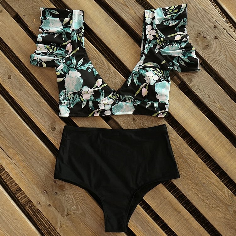 Flaxmaker Black with Green Flora V-neck High-waisted Two Piece Swimsuit