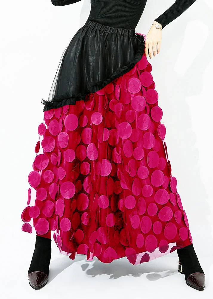 Original Design Black-Rose Dot Elastic Waist Patchwork Wrinkled Tulle Skirt Summer