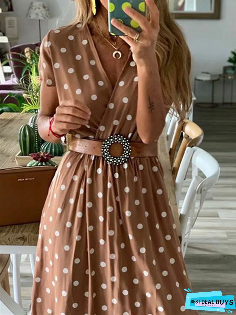 Summer V-Neck Short Sleeve Polka Dot Long Skirt Big Swing Dress